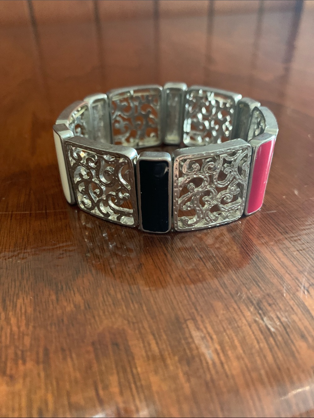Silver Filigree Stretch Bracelet with Black, White & Pink Panels